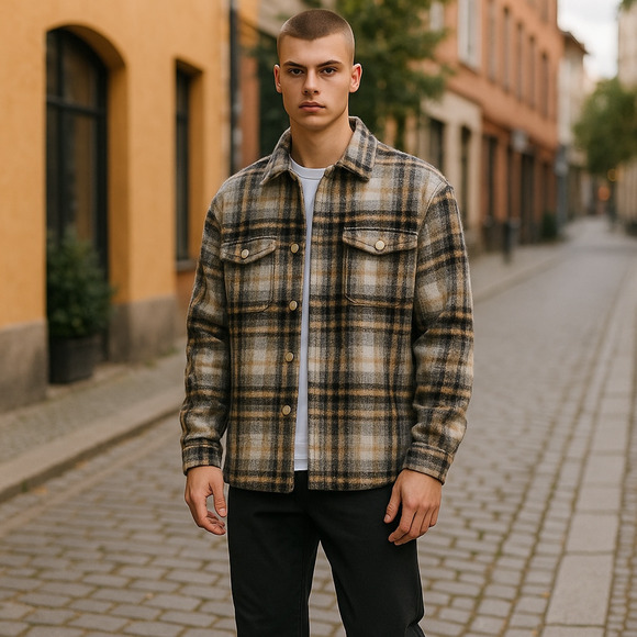 AllSaints Cayuga Jacket Mens Medium Ecru Plaid Wool Blend Lined Shacket NWT - Picture 1 of 16